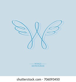 The letter w with wings on a light blue background. Linear logo.