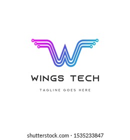 Letter W Wings Tech Logo Template Design Vector