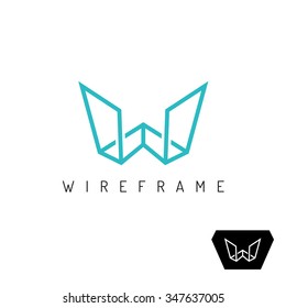 Letter W wireframe linear 3D perspective logo. Construction outline frame sign.