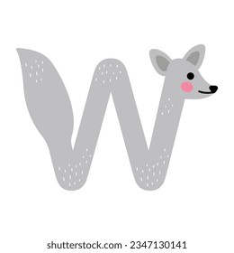 Letter W. Wolf. Alphabet for children. Vector graphics in flat cartoon style