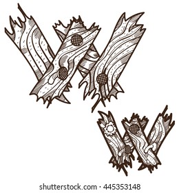 Letter W from wooden planks. Vector alphabet. Picture for coloring.