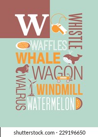 Letter W words typography illustration alphabet poster design