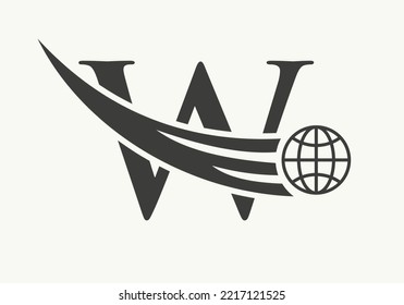 Concepto de logotipo mundial de letra W con plantilla de vectores de iconos globales en movimiento