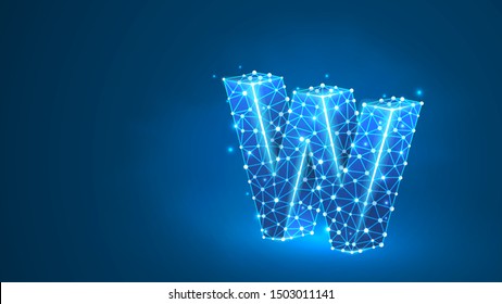 Letter w. World wide web, domain, www, internet, web address, online, website, profile, technology concept. Abstract, digital wireframe low poly mesh vector blue neon 3d illustration. Line dot