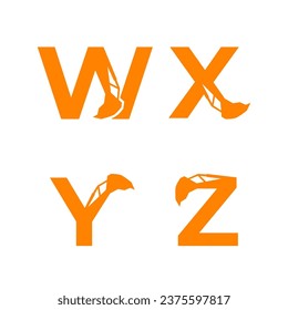 Buchstabe W X Y Z mit Baggerarm. Logo-Vorlage des Baggerschiffes W X Y Z, hydraulische Initialen