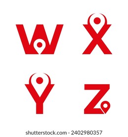 Letter W X Y Z logo with location icon. W X Y Z pointer logo template, gps logo initials