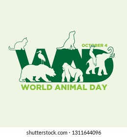 Letter WAD for World Animal Day with graphic animals on the negative space. The concept of an ecological holiday. Vector illustration EPS.8 EPS.10