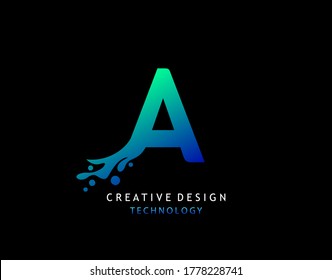 Letter A Water Splash Logo. Modern Techno Alphabetical Icon, Template Design.