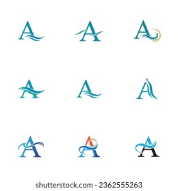 letra A y vectores de olas de agua ilustración sobre fondo blanco