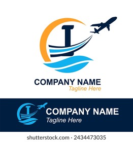 Letter I with Wave and Flying Plane for Travel Agency Logo. Vector Design Logo for travel transportation label, tourism, flight company advertising