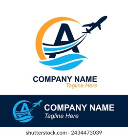 Letra A con logotipo de Onda y Avión Volador para Agencia de Viajes. Logotipo de diseño vectorial para etiqueta de transporte de viajes, turismo, publicidad de la compañía de vuelos