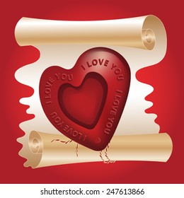 Letter with wax seal in the shape of a heart. Valentine's day card.  Elements for cards, gifts, crafts, invitation. Vector illustration.