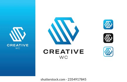 diseño del logotipo de la carta WC con forma de polígono color de gradiente azul durk creativo W minimalista vinculado al estilo técnico de C y el diseño del logotipo de forma cubo vectorial.