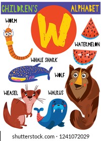 Letter W.Cute children's alphabet with adorable animals and other things.Poster for kids learning English vocabulary.Cartoon vector illustration.