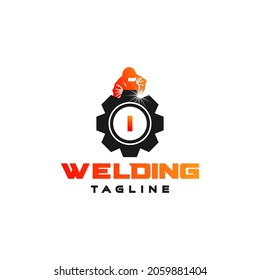 Letter I welding logo, welder silhouette working with weld helmet in simple and modern design style