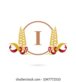 Letter I wheat logo template with ribbon. Organic concept. Nature icon symbol.