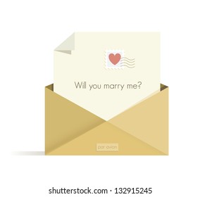Letter with Will you marry me? question with red heart postal stamp in the opened envelope