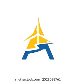 Letra A Modelo De Design De Logotipo De Moinho De Vento Inspiração, Ilustração De Vetor. Letra inicial A com energia eólica para ambiente de energia verde