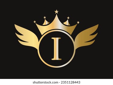 Letter I Wing Logo Concept With Crown Icon Vector Template. Wing Symbol
