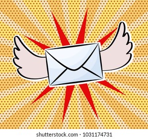 Letter with wings in pop art comic style on dot background, stock vector illustration