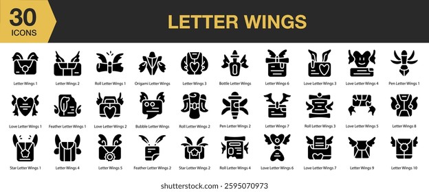 Letter Wings solid icon set. Includes letter, vector, wings, wing, elegant, abstract, and More. Solid icons vector collection.