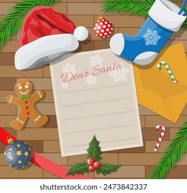 Letter with wishes to santa claus. Wooden desk candycane, envelope, fur branches, holly, stocking, hat, gingerbread man. Christmas new year eve xmas holidays. Vector illustration flat style