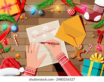 Letter with wishes to santa claus. Wooden desk candycane, envelope, fur branches, holly, stocking, hat, gingerbread man. Christmas new year eve xmas holidays. Vector illustration flat style