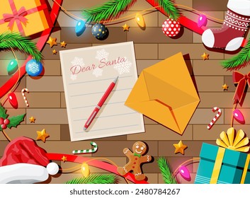 Letter with wishes to santa claus. Wooden desk candycane, envelope, fur branches, holly, stocking, hat, gingerbread man. Christmas new year eve xmas holidays. Vector illustration flat style