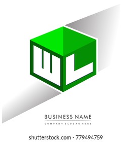 
Letter WL logo in hexagon shape and green background, cube logo with letter design for company identity.
