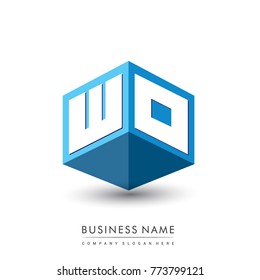 Letter WO logo in hexagon shape and blue background, cube logo with letter design for company identity.
