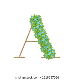 Letter A wooden texture with green leaves and flowers