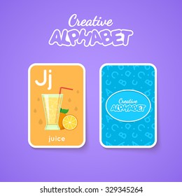 Letter, word and picture. Alphabet double-sided card for children. Colorful vector illustration.
