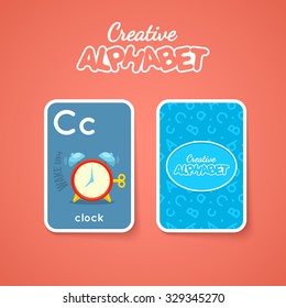 Letter, word and picture. Alphabet double-sided card for children. Colorful vector illustration.