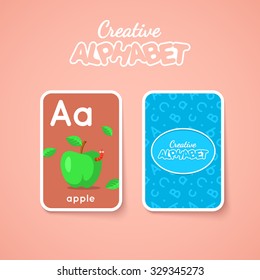 Letter, word and picture. Alphabet double-sided card for children. Colorful vector illustration.