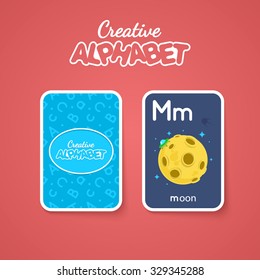 Letter, word and picture. Alphabet double-sided card for children. Colorful vector illustration.