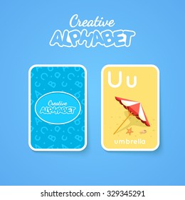 Letter, word and picture. Alphabet double-sided card for children. Colorful vector illustration.