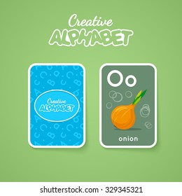 Letter, word and picture. Alphabet double-sided card for children. Colorful vector illustration.