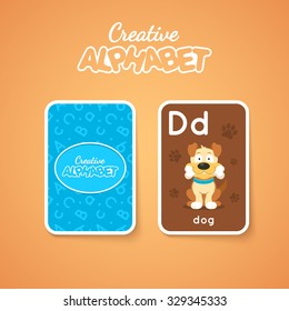 Letter, word and picture. Alphabet double-sided card for children. Colorful vector illustration.