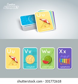 Letter, word and picture. Alphabet tutorial cards collection. Colorful vector illustration.