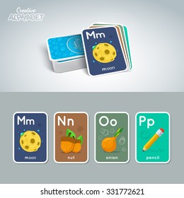 Letter, word and picture. Alphabet tutorial cards collection. Colorful vector illustration.