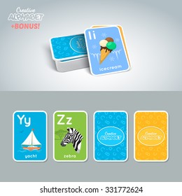 Letter, word and picture. Alphabet tutorial cards collection. Colorful vector illustration.