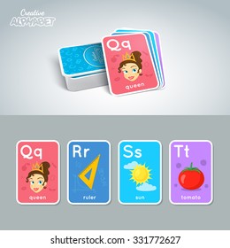 Letter, word and picture. Alphabet tutorial cards collection. Colorful vector illustration.