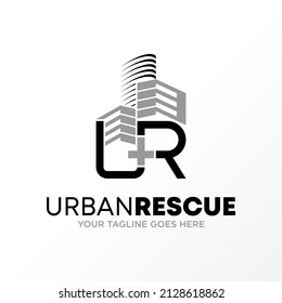 Letter or word UR sans serif font with building or town image graphic icon logo design abstract concept vector stock. Can be used as a symbol related to initial or property