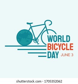 Letter World Bicycle Day on June 3 with world map. Bicycle as a symbol of human progress and advancement. Sport and leisure. Outdoors activity. Vector illustration EPS.8 EPS.10