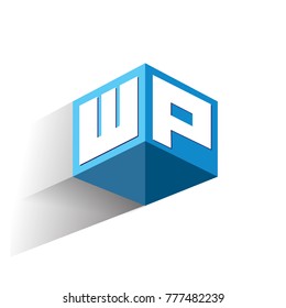 Letter WP logo in hexagon shape and blue background, cube logo with letter design for company identity.
