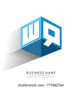 Letter WQ logo in hexagon shape and blue background, cube logo with letter design for company identity.
