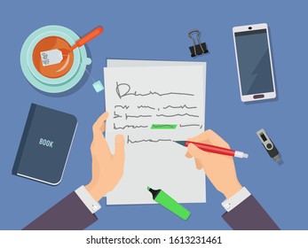 Letter writing. Author hands holding pencil and writing poem on paper vector concept