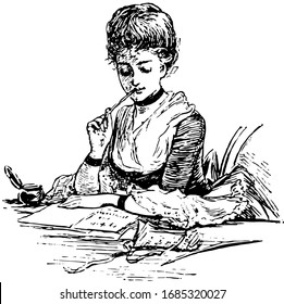 Letter Writing or write a letter, vintage engraving.