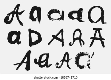 Letter A written by hand. Black letter A written in grunge calligraphy. Different versions of the font are hand-drawn in a careless style. Vector eps illustration.