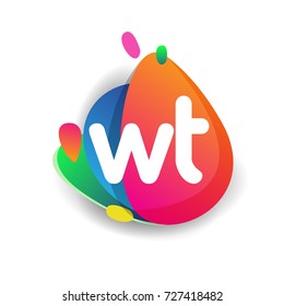 Letter WT logo with colorful splash background, letter combination logo design for creative industry, web, business and company.
